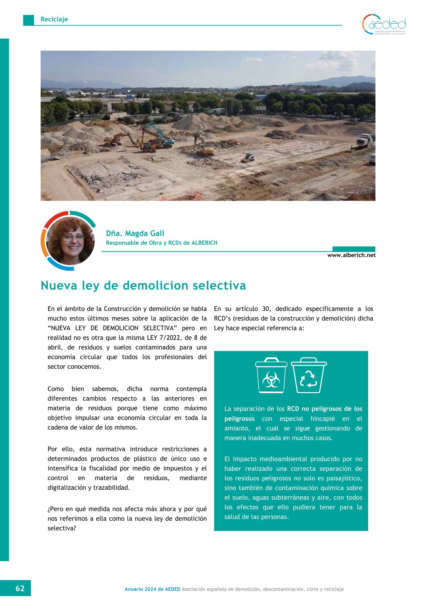 Página del Anuario AEDED 2024 con el artículo de Magda Gall, de Alberich, sobre la nueva ley de demolición selectiva